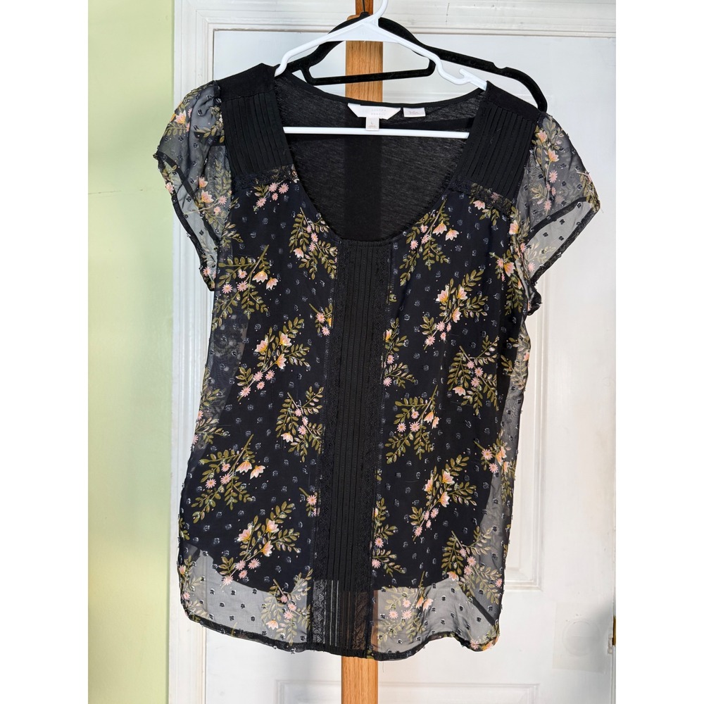 LC Lauren Conrad Womens Large Black Floral Swiss Dot Pintuck Lace Trim Blouse